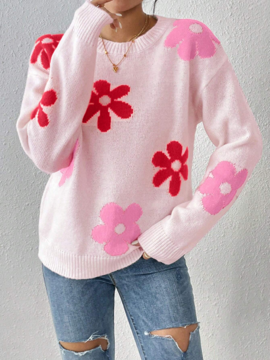 Flower Pattern Drop Shoulder Sweater