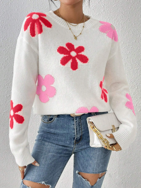 Flower Pattern Drop Shoulder Sweater