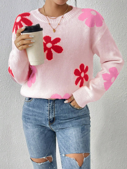 Flower Pattern Drop Shoulder Sweater