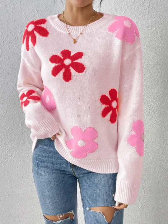 Flower Pattern Drop Shoulder Sweater