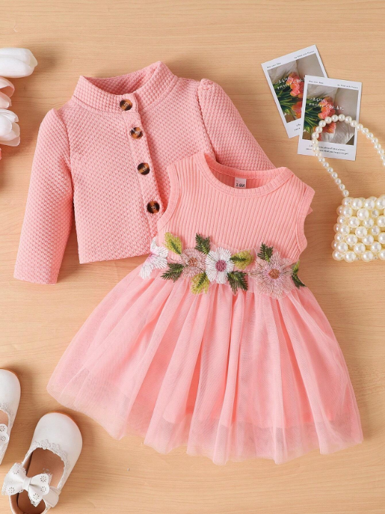 Baby Girl Spring Autumn Flower Embroidery Mesh Patchwork Waistcoat Dress And Long Sleeve Coat Set