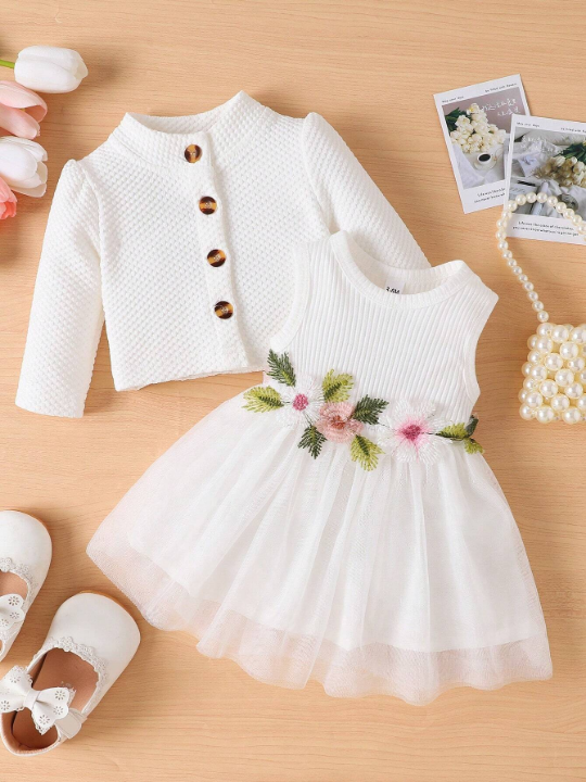 Baby Girl Spring And Autumn Flower Embroidery Design Mesh Patchwork Sleeveless Dress With Coat