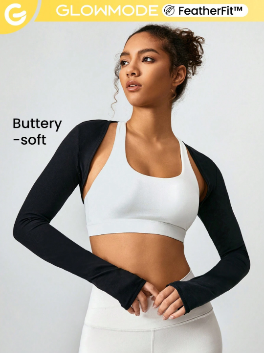 GLOWMODE FeatherFit Cropped Limitless Long Sleeve Tank Shrug Top With Thumbhole Low Impact Yoga Daily