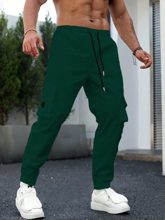 Manfinity Homme Men's Drawstring Waist Cargo Pants With Pockets And Elastic Hem