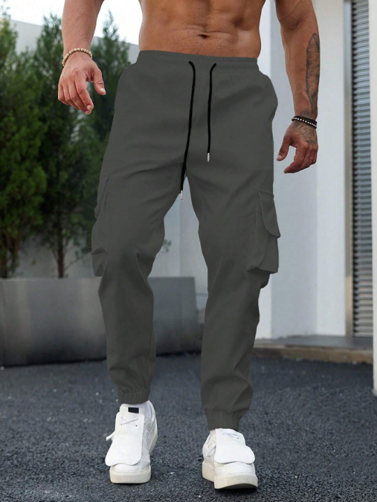 Manfinity Homme Men's Drawstring Waist, Cargo Style Trousers With Pockets And Elastic Cuff