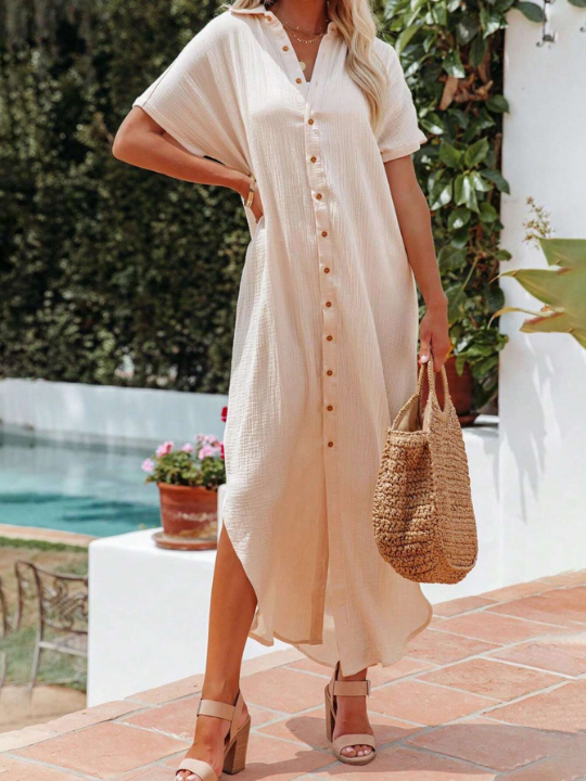 Casual Ruched Button Slit Side Split Button Hem Long Kimono Swimsuit Plus Size Beach Dresses