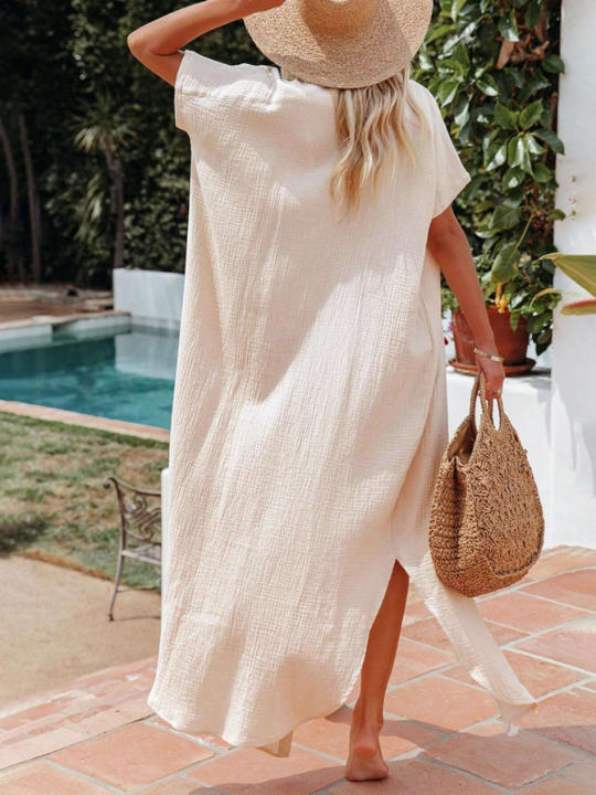 Casual Ruched Button Slit Side Split Button Hem Long Kimono Swimsuit Plus Size Beach Dresses