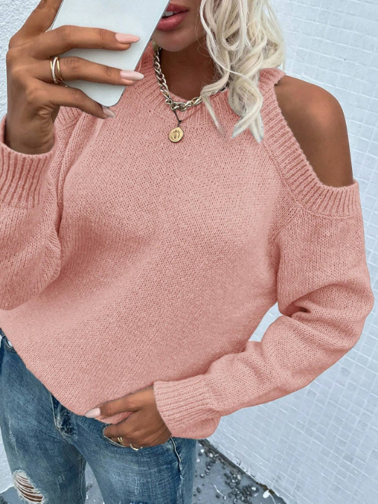 LUNE Cold Shoulder Solid Sweater