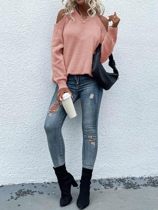 LUNE Cold Shoulder Solid Sweater