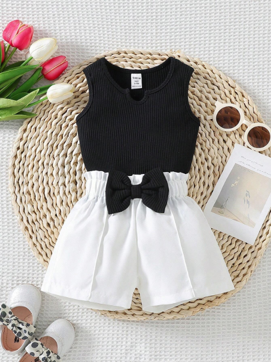 Baby Girl Solid Color Tank Top With Notched Neckline And Bowknot Decorated Casual Shorts Set