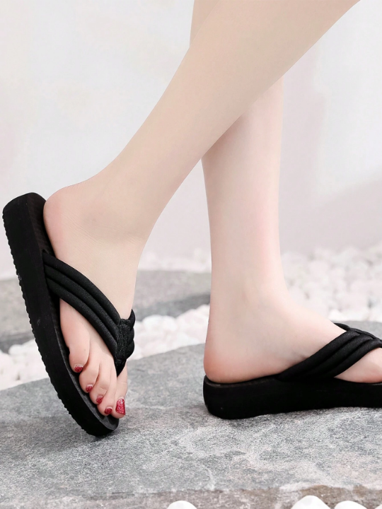 Women's Thick Heel Slippers, Black Indoor & Outdoor Slippers With Wedge Heel