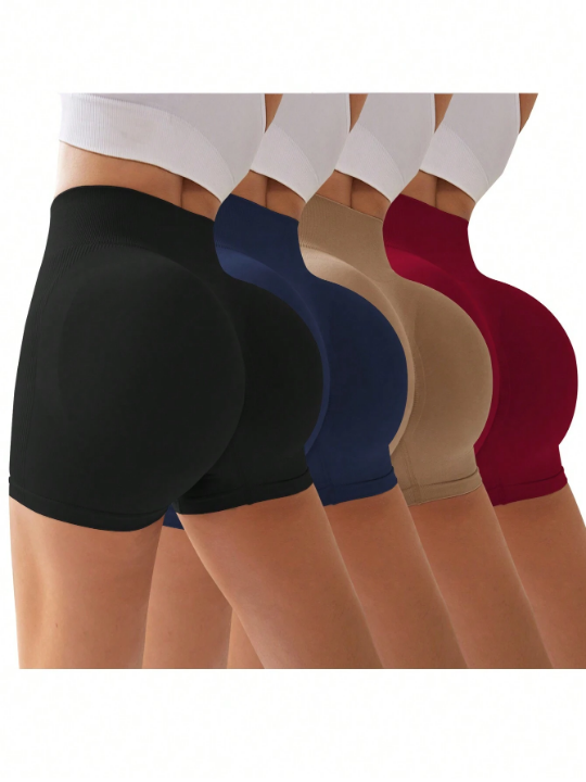 4pcs Solid Wideband Waist Sports Shorts