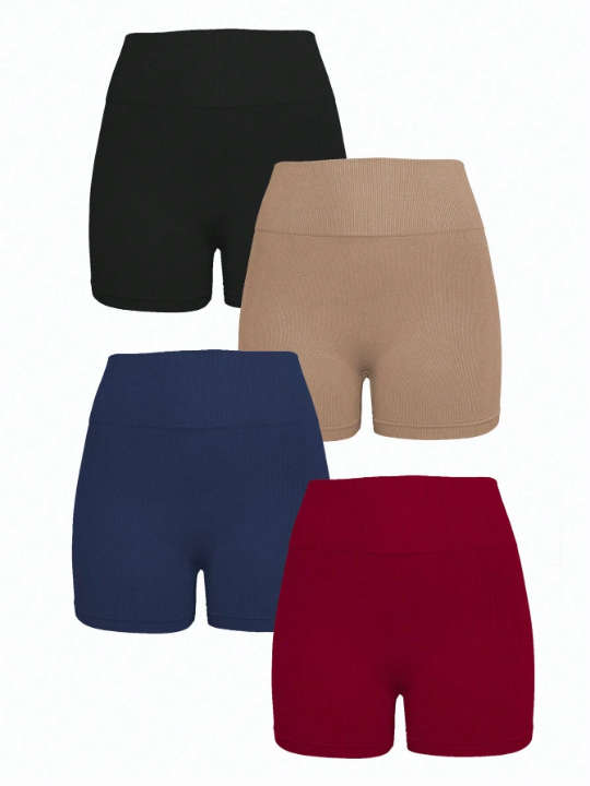 4pcs Solid Wideband Waist Sports Shorts