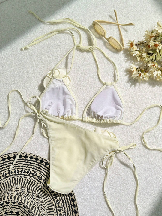 Women's Bikini Set With 3d Flower Decoration And Drawstring Detail