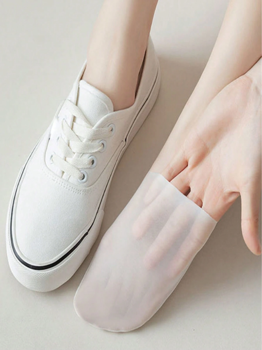 4 Pairs/Pack Ultrathin Women's Sheer Ice Silk Boat Socks In White/Skin Tone With Silicon Gel Non-Slip Heel, Suitable For Spring/Summer Season, Ideal For Sneakers, High Heels And Low-Cut Shoes