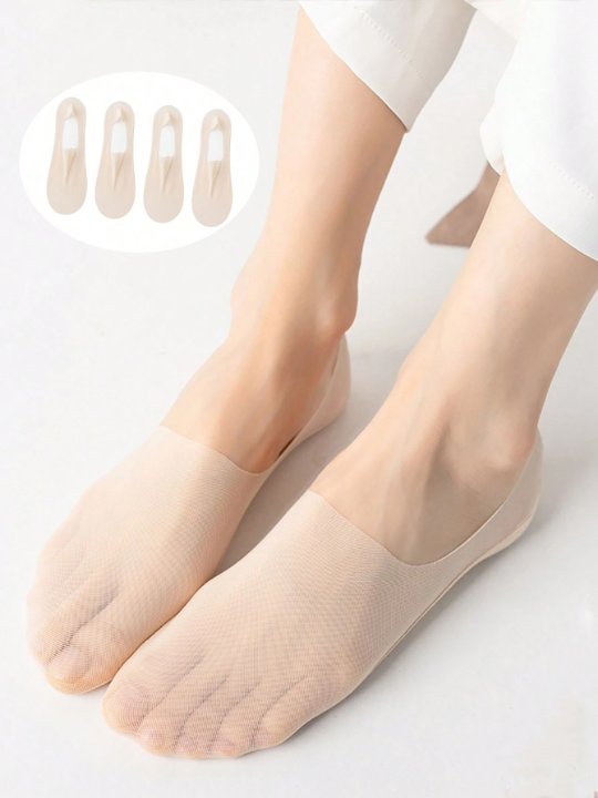 4pairs/Set Ultra-Thin Transparent Flesh Color Ice Silk Non-Slip Invisible Socks With Silicone Pad For Spring And Summer, Perfect For Flat Shoes, High Heels