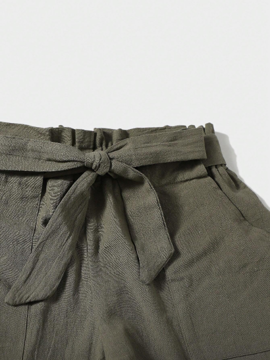 Frenchy Solid Color Paper Bag Waist Shorts