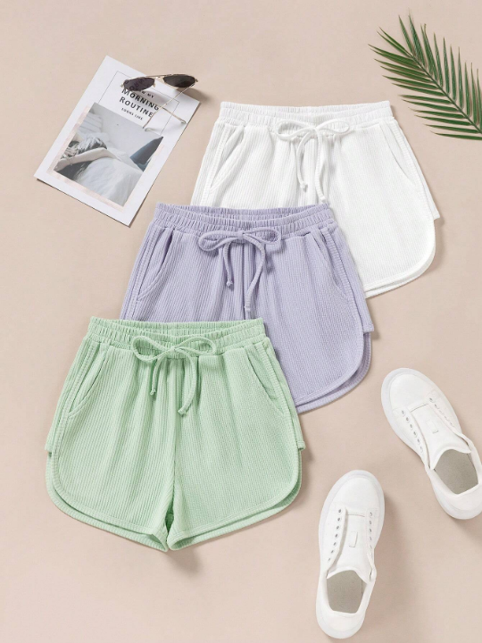 3pcs/Set Ladies' Knotted Waist & Slant Pocket Shorts