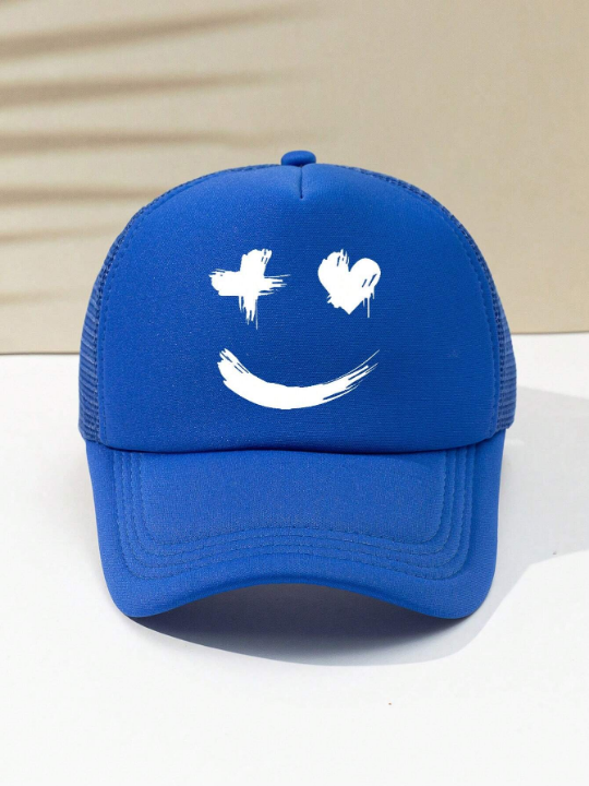 1pc Unisex Printed Smiling Face Outdoor Adjustable Mesh Baseball Cap, Trucker Hat
