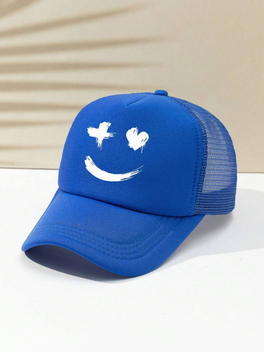1pc Unisex Printed Smiling Face Outdoor Adjustable Mesh Baseball Cap, Trucker Hat