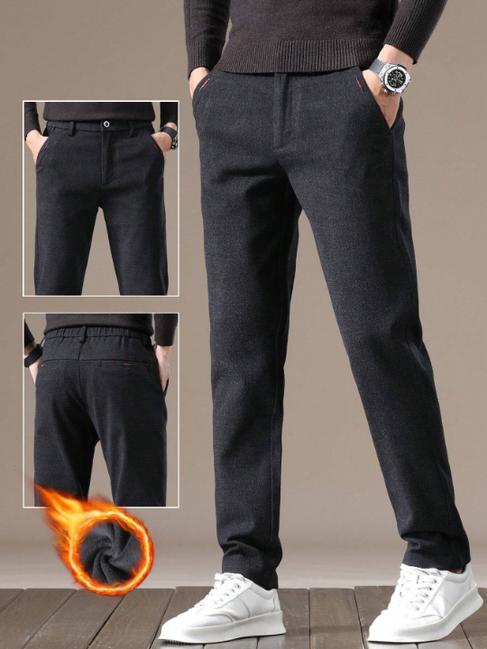 1pc Men's Warm Lined Pants With Slanted Pockets