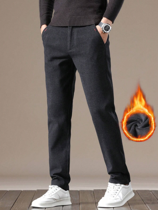 1pc Men's Warm Lined Pants With Slanted Pockets