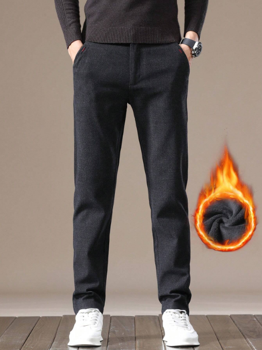 1pc Men's Warm Lined Pants With Slanted Pockets