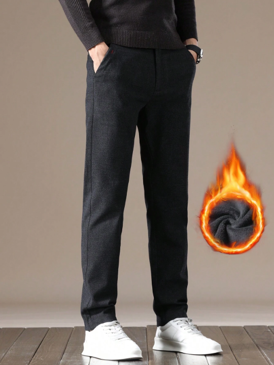 1pc Men's Warm Lined Pants With Slanted Pockets