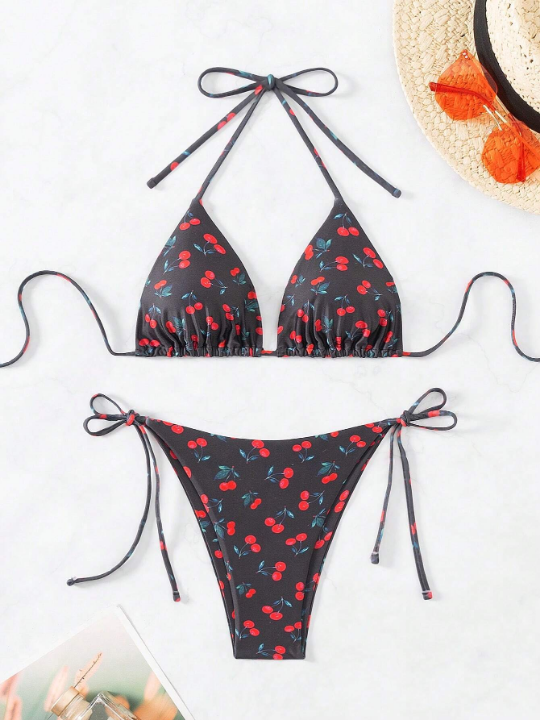 Women's Cherry Print Halter Neck Two-Piece Swimsuit