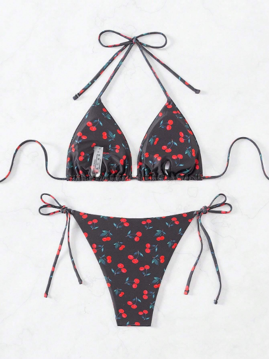 Women's Cherry Print Halter Neck Two-Piece Swimsuit