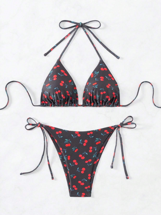 Women's Cherry Print Halter Neck Two-Piece Swimsuit