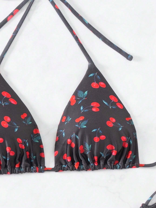 Women's Cherry Print Halter Neck Two-Piece Swimsuit