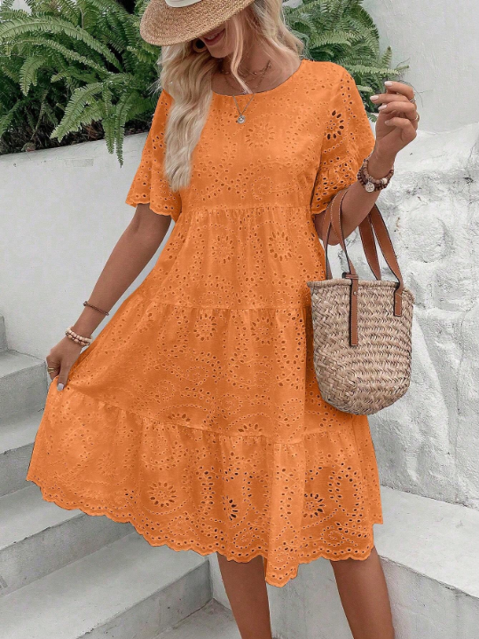 VCAY Round Neck Eyelet Embroidery Dress