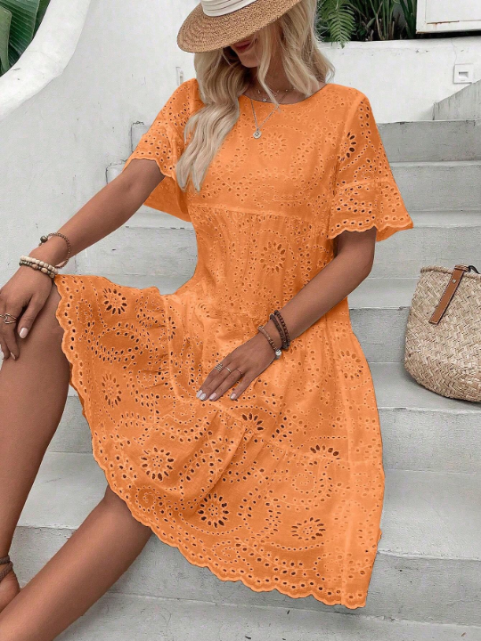 VCAY Round Neck Eyelet Embroidery Dress