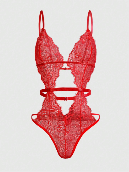 ROMWE Goth Women's Cut-Out Eyelash Lace Bodysuit Sexy Lingerie