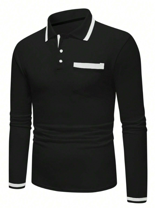 Manfinity Homme Men's Color-Block Long Sleeve Polo Shirt