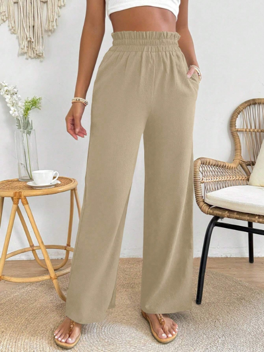 PETITE Solid Colored Elastic Waist Wide Leg Pants