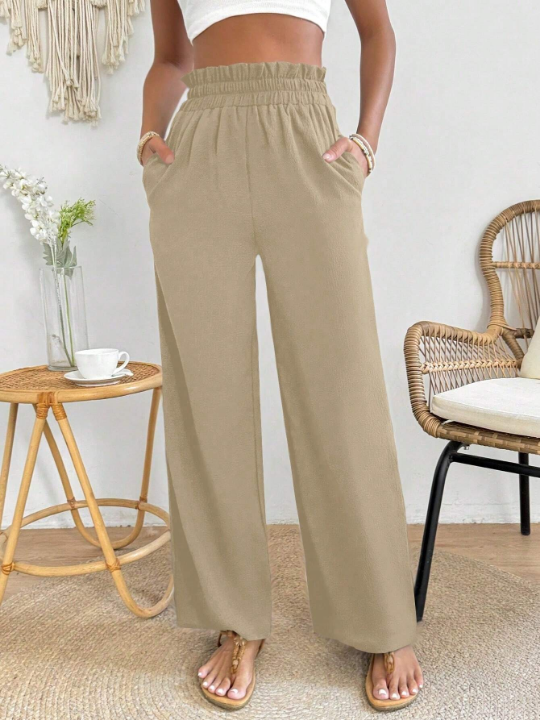 PETITE Solid Colored Elastic Waist Wide Leg Pants