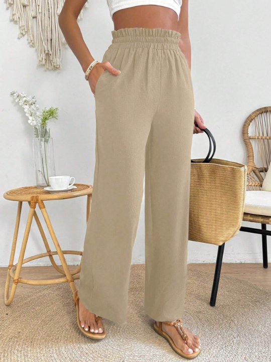 PETITE Solid Colored Elastic Waist Wide Leg Pants