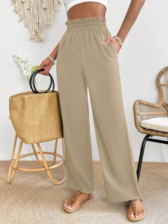 PETITE Solid Colored Elastic Waist Wide Leg Pants