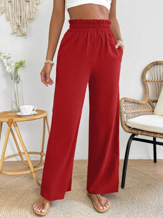 PETITE Solid Color Elastic Waist Wide Leg Pants