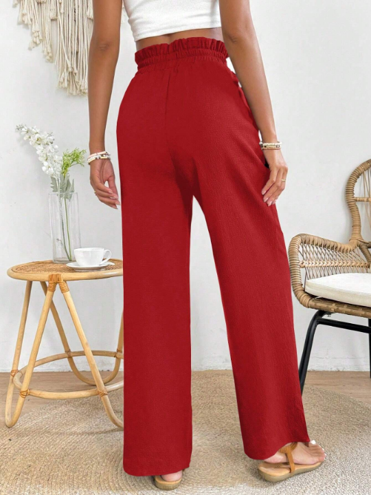 PETITE Solid Color Elastic Waist Wide Leg Pants