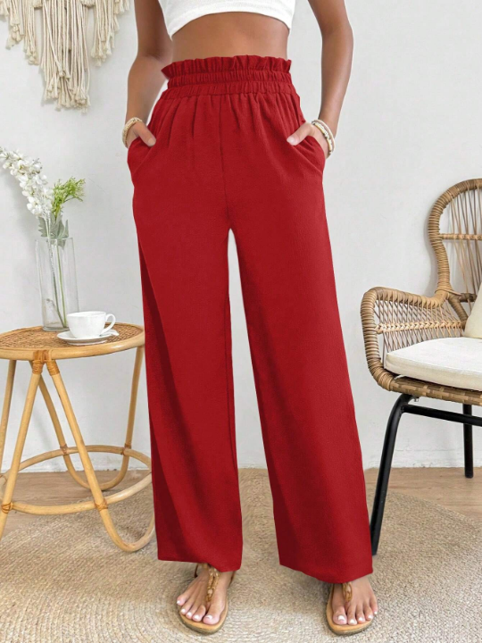 PETITE Solid Color Elastic Waist Wide Leg Pants