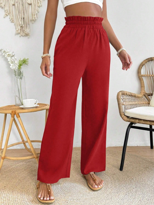 PETITE Solid Color Elastic Waist Wide Leg Pants