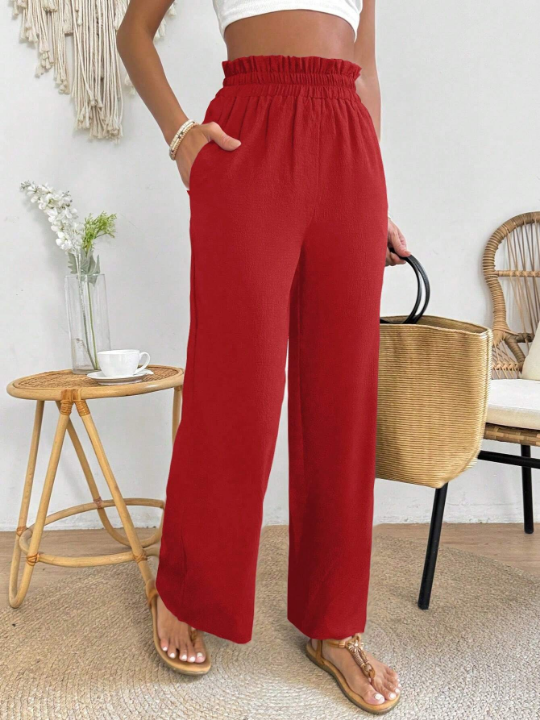 PETITE Solid Color Elastic Waist Wide Leg Pants