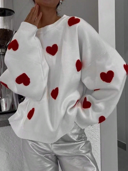 LUNE Women'S Heart Shaped Design Drop Shoulder Sweater