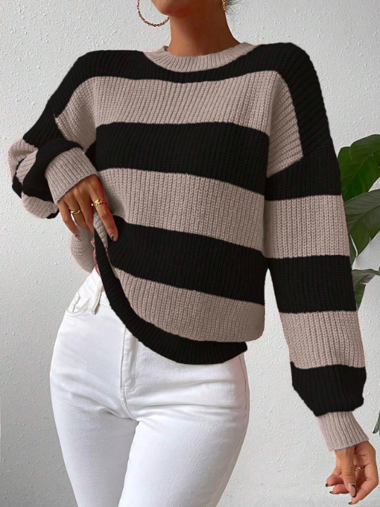 Essnce Drop Shoulder Striped Sweater With Contrast Color