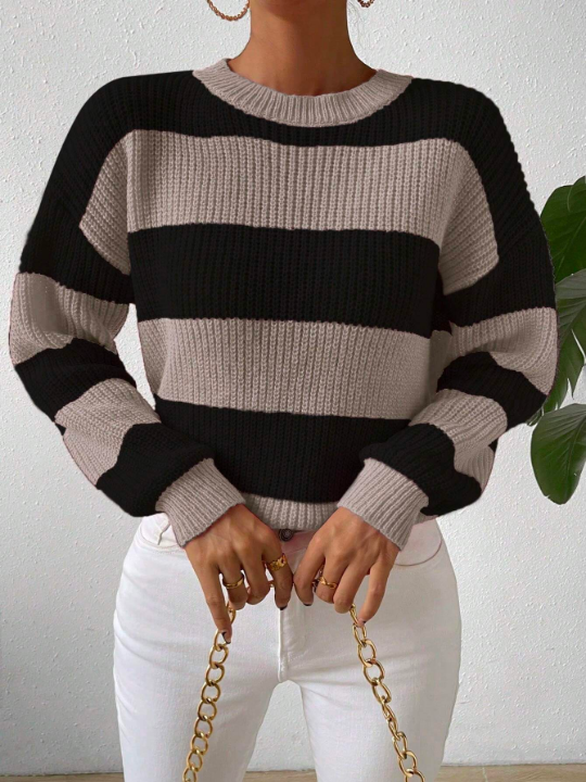 Essnce Drop Shoulder Striped Sweater With Contrast Color