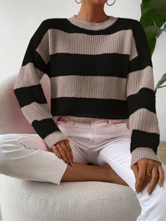 Essnce Drop Shoulder Striped Sweater With Contrast Color