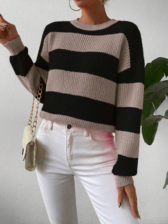 Essnce Drop Shoulder Striped Sweater With Contrast Color